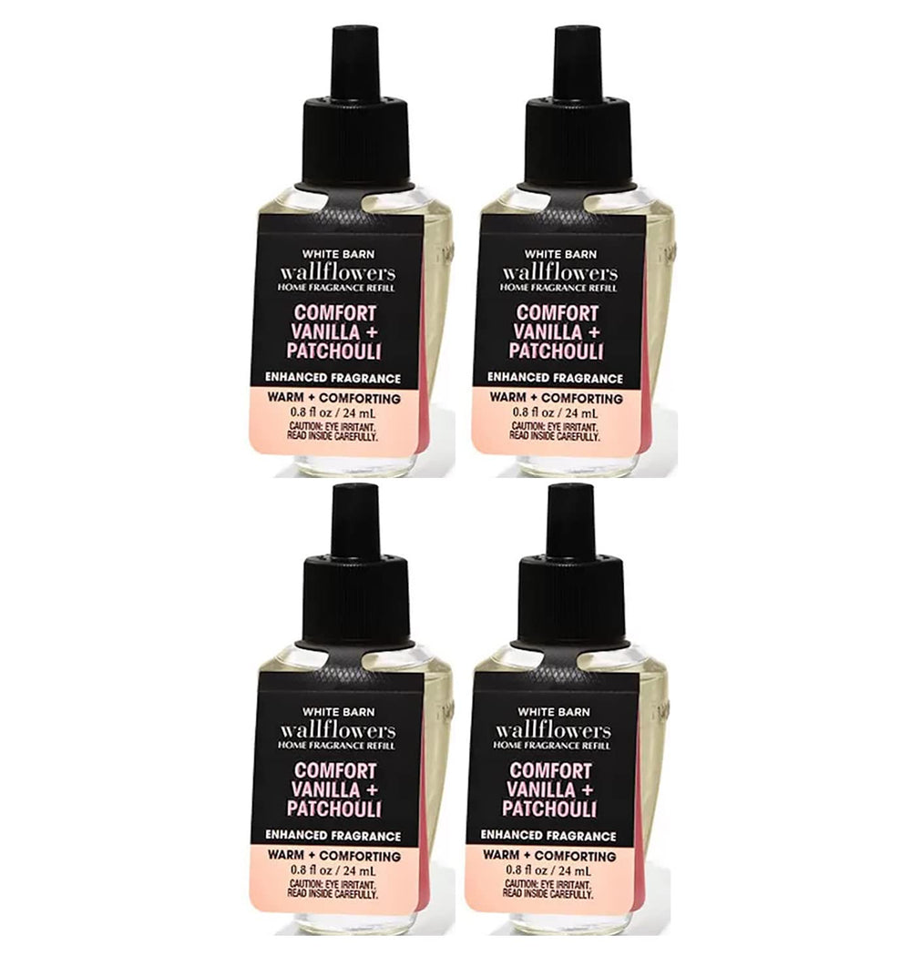 Bath & Body Works Comfort Vanilla Patchouli refill bottle for Wallflowers, lasting room fragrance.