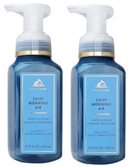 Bath & Body Works Crisp Morning Air foaming soap bottle, pine and juniper scent, gentle cleanse.