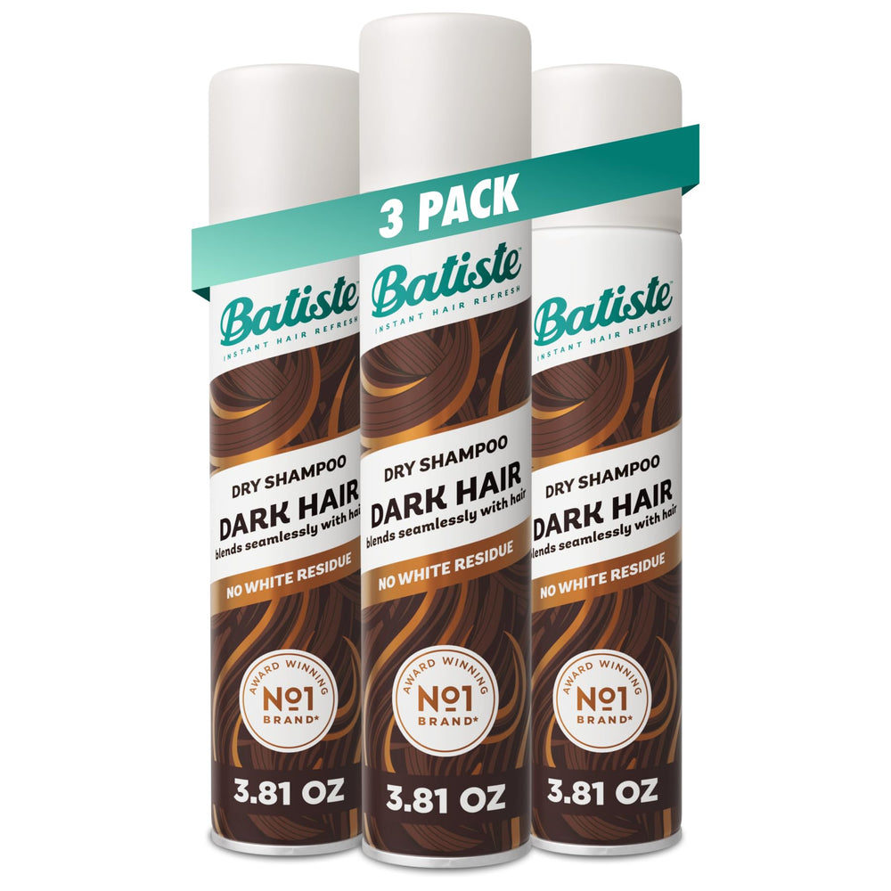 Batiste Dark Dry Shampoo three-pack bottles for quick brunette refresh