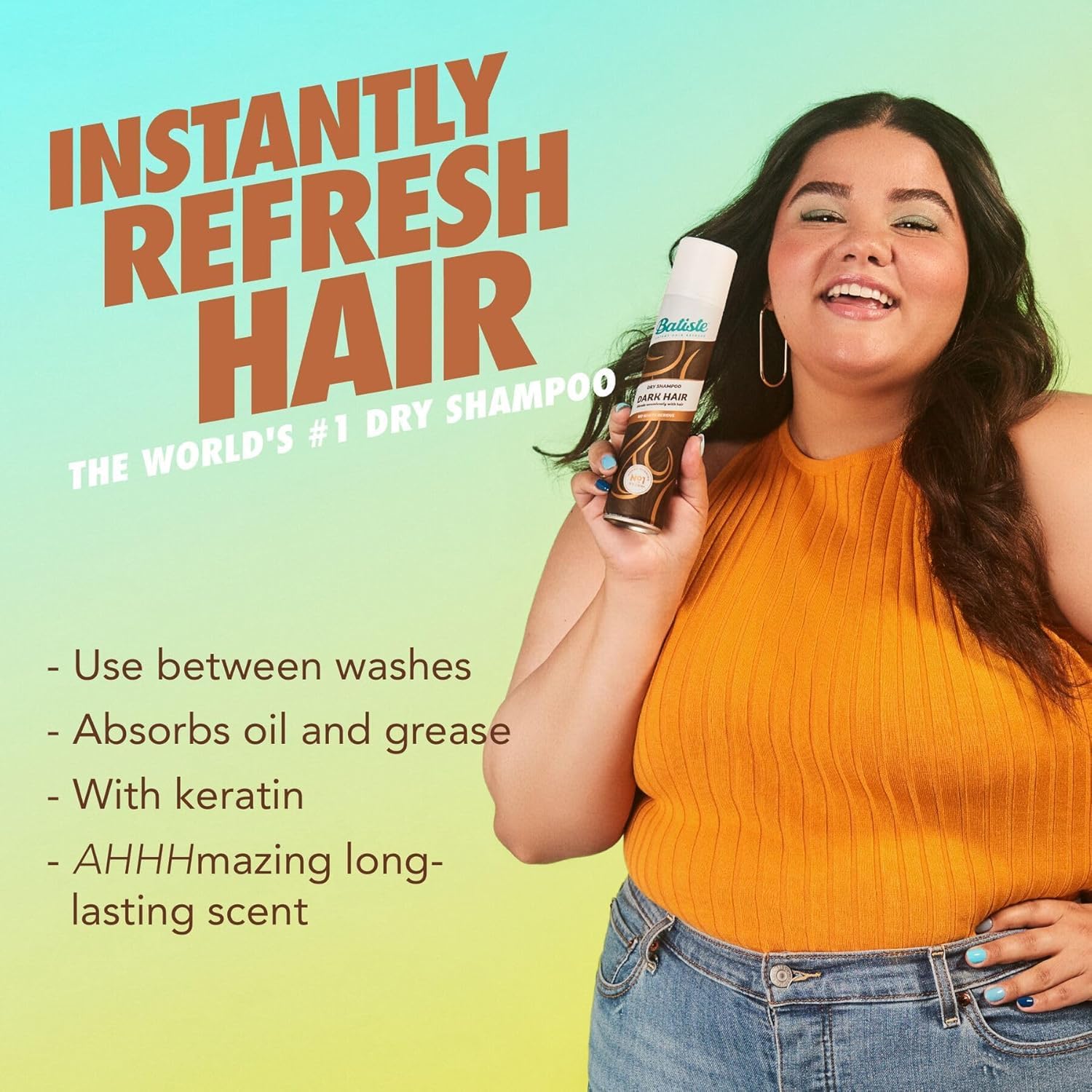 Batiste Dark Hair Dry Shampoo spray application targets roots for oil absorption