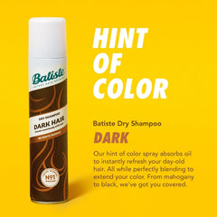 Batiste Dark Hair Dry Shampoo tinted coverage blends with brunette hair