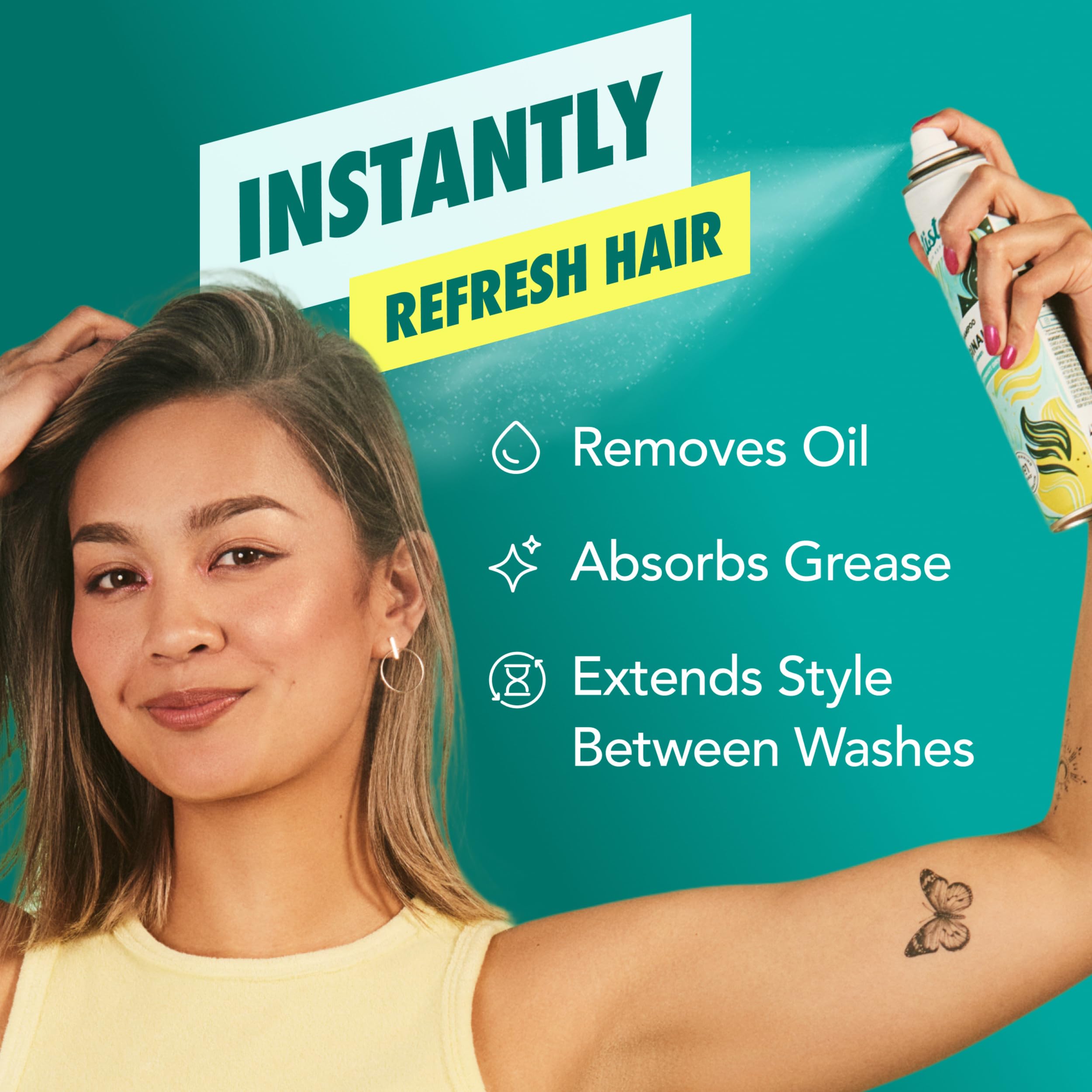 Batiste Original Dry Shampoo spray application for easy root refresh.
