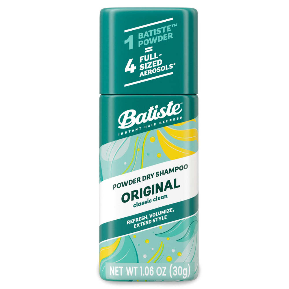 Batiste Original Powder Dry Shampoo bottle ready to refresh oily roots with a quick invisible finish.