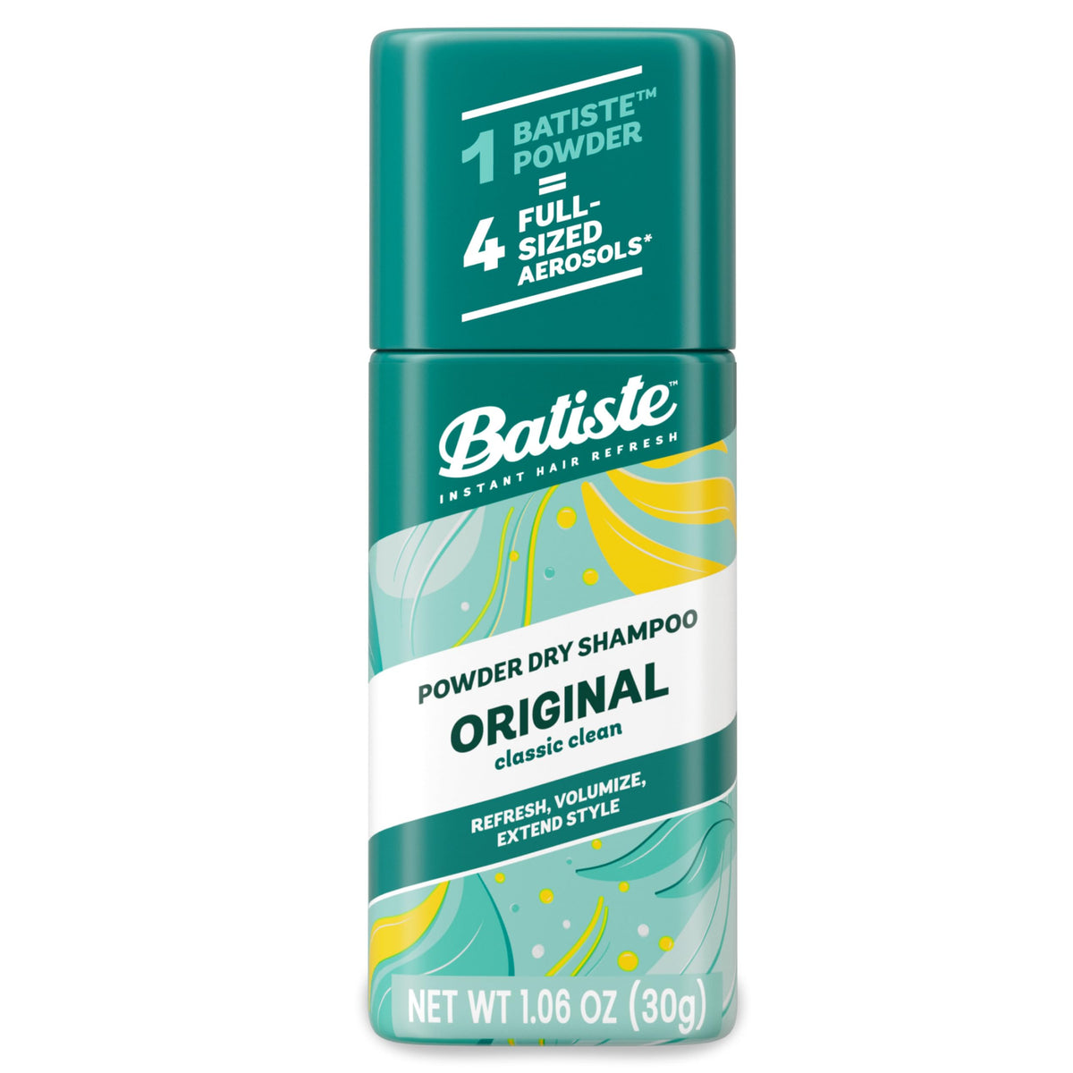 Batiste Original Powder Dry Shampoo bottle ready to refresh oily roots with a quick invisible finish.