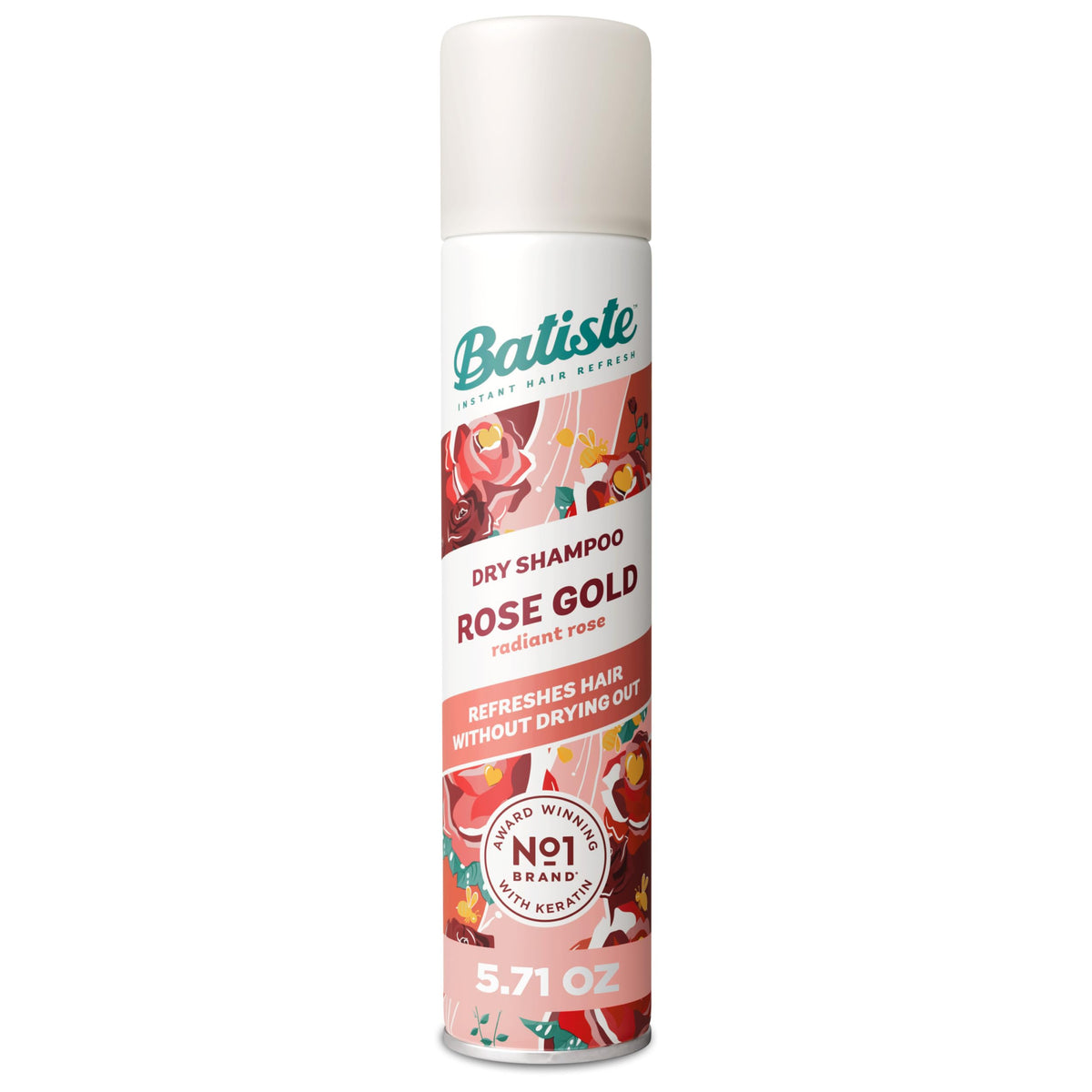 Batiste Rose Gold dry shampoo bottle for on the go refresh and subtle fragrance.