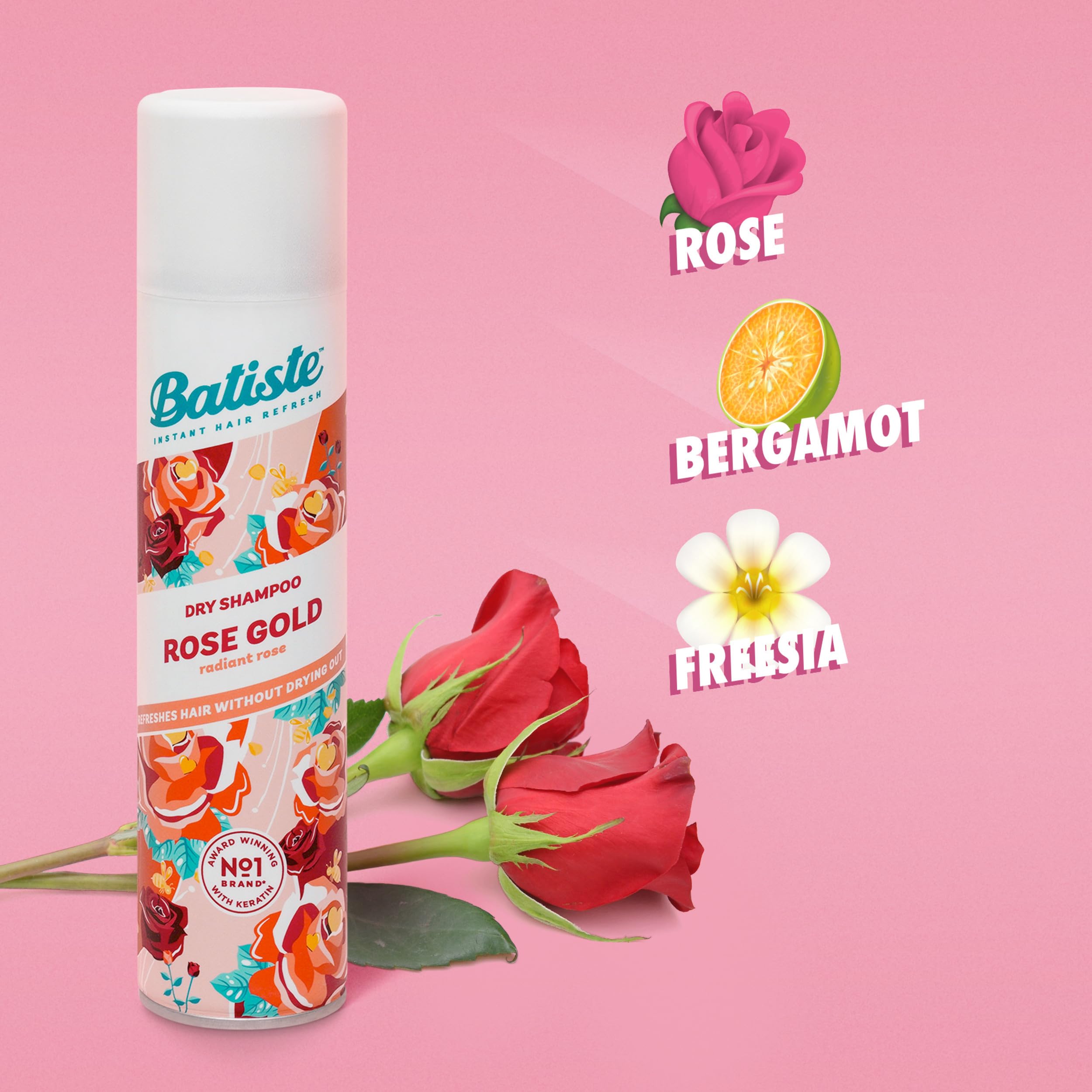 Batiste Rose Gold roots refresh highlights root oil absorption and renewed lift.