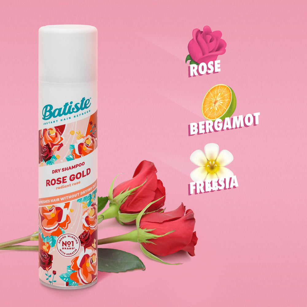 Batiste Rose Gold roots refresh highlights root oil absorption and renewed lift.