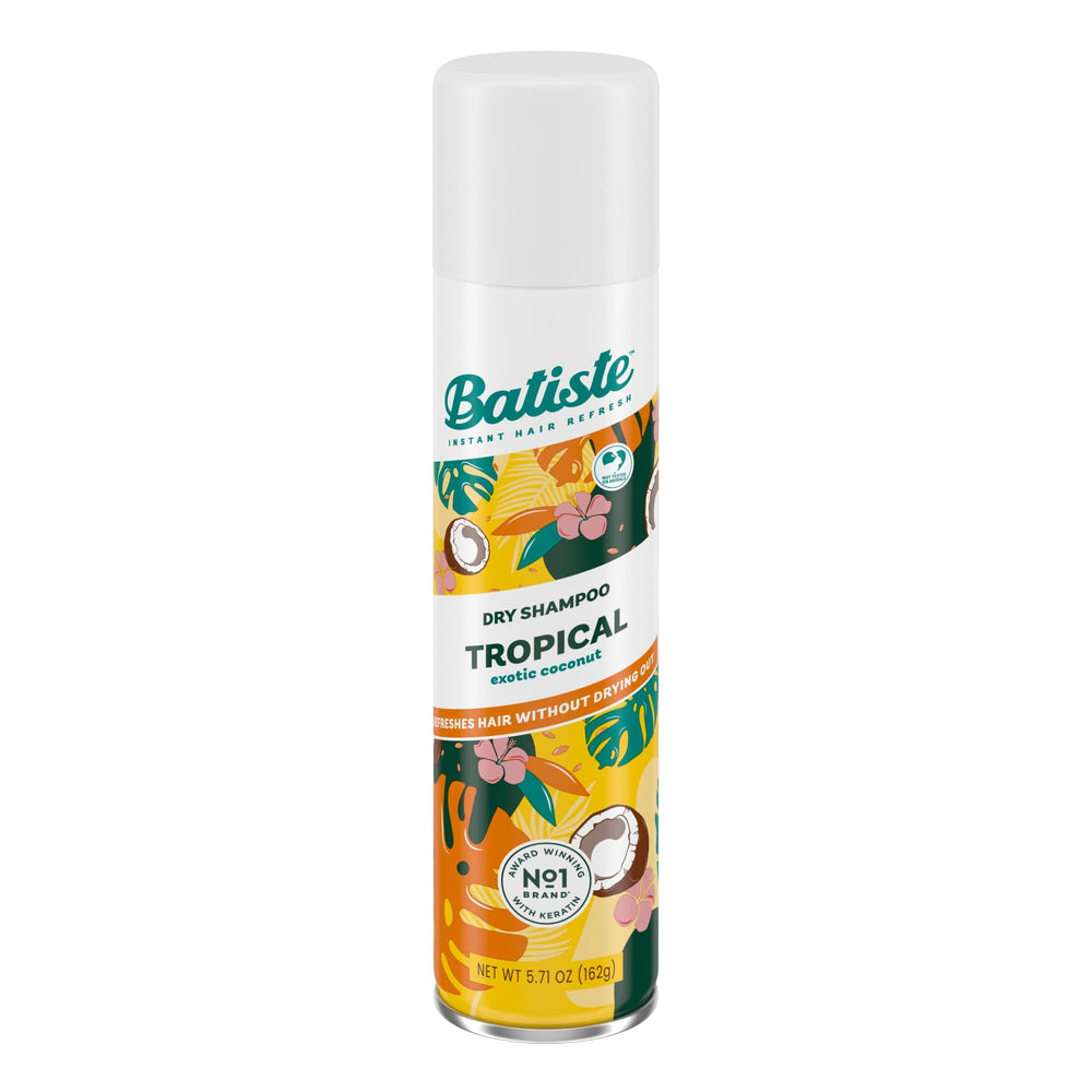 Batiste Tropical dry shampoo bottle front with refreshing fragrance for between-wash refresh