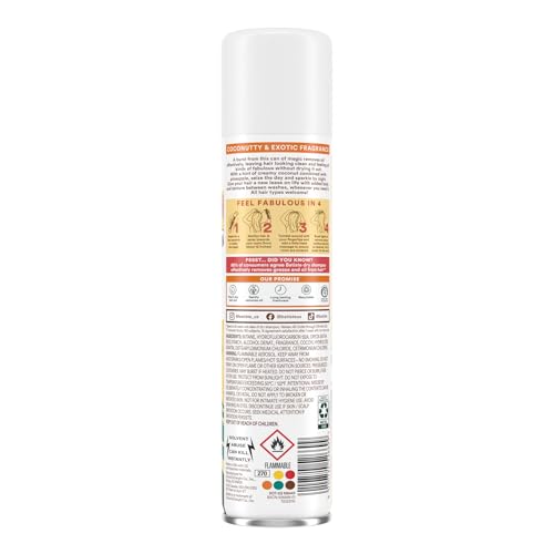 Batiste Tropical Dry Shampoo spray mist over hair roots for lift.