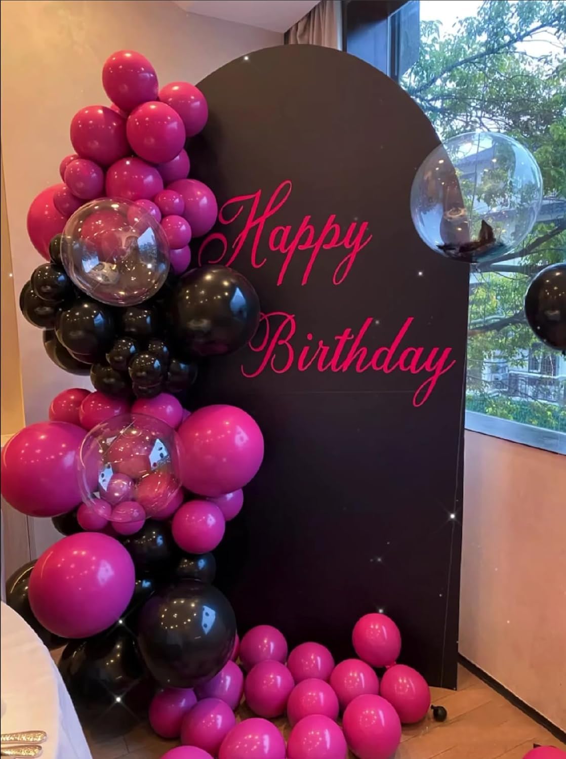 BAUANOOY birthday party setup with pink accents for festive photos