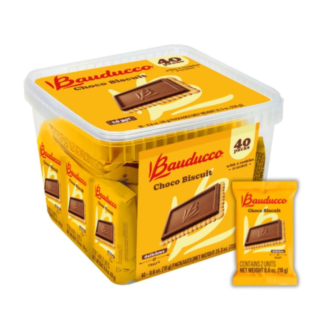 Bauducco Choco Biscuit Cookies packaging showing convenient individual portions for snacking.