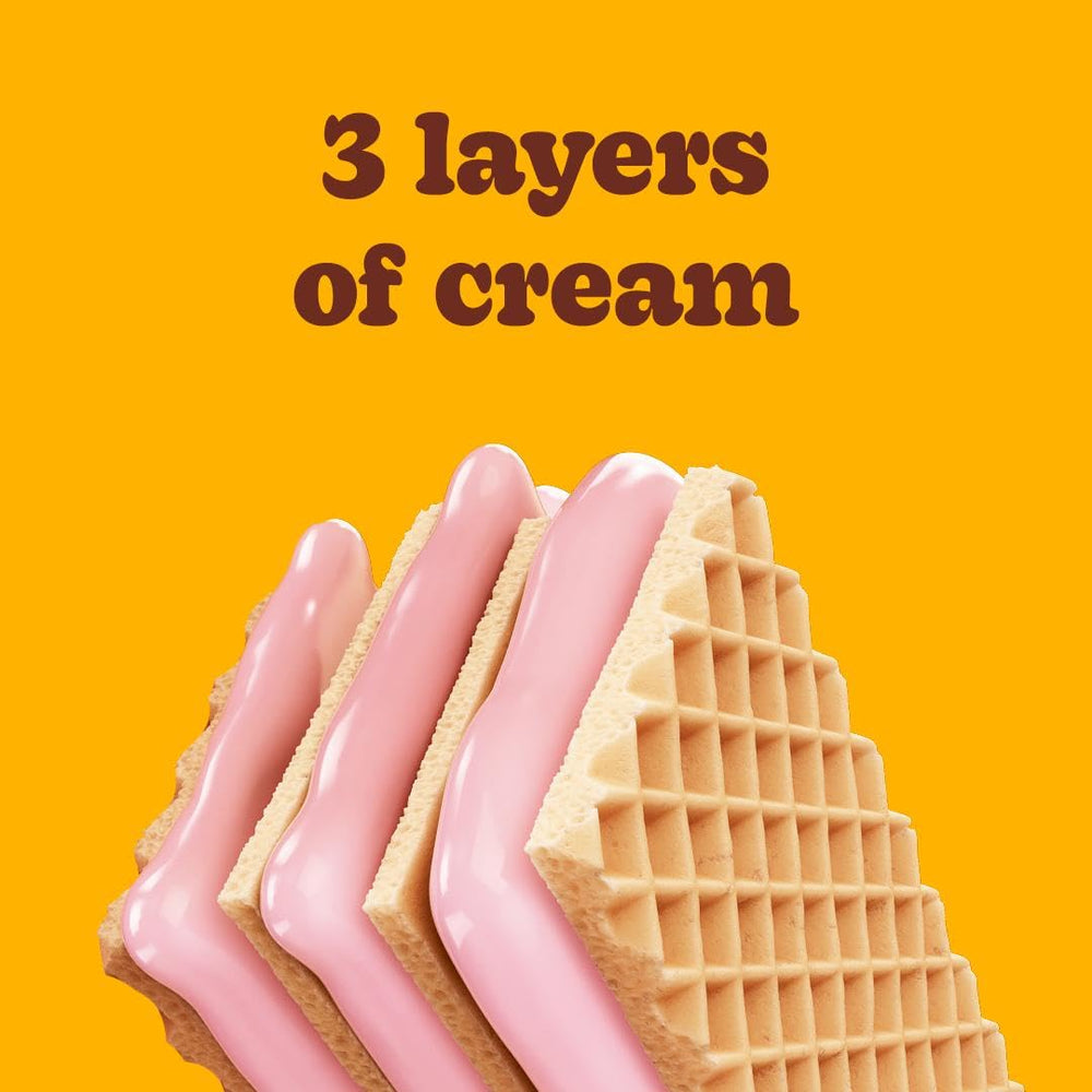 Bauducco strawberry wafers close-up shows delicate, ultra-crisp texture.