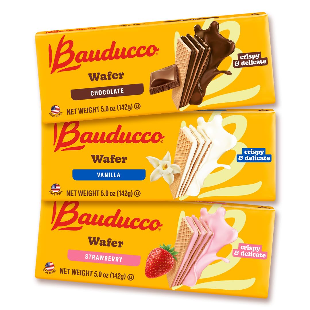 Bauducco wafer cookies assorted-collection: crisp wafers with three creamy layers, ideal with coffee