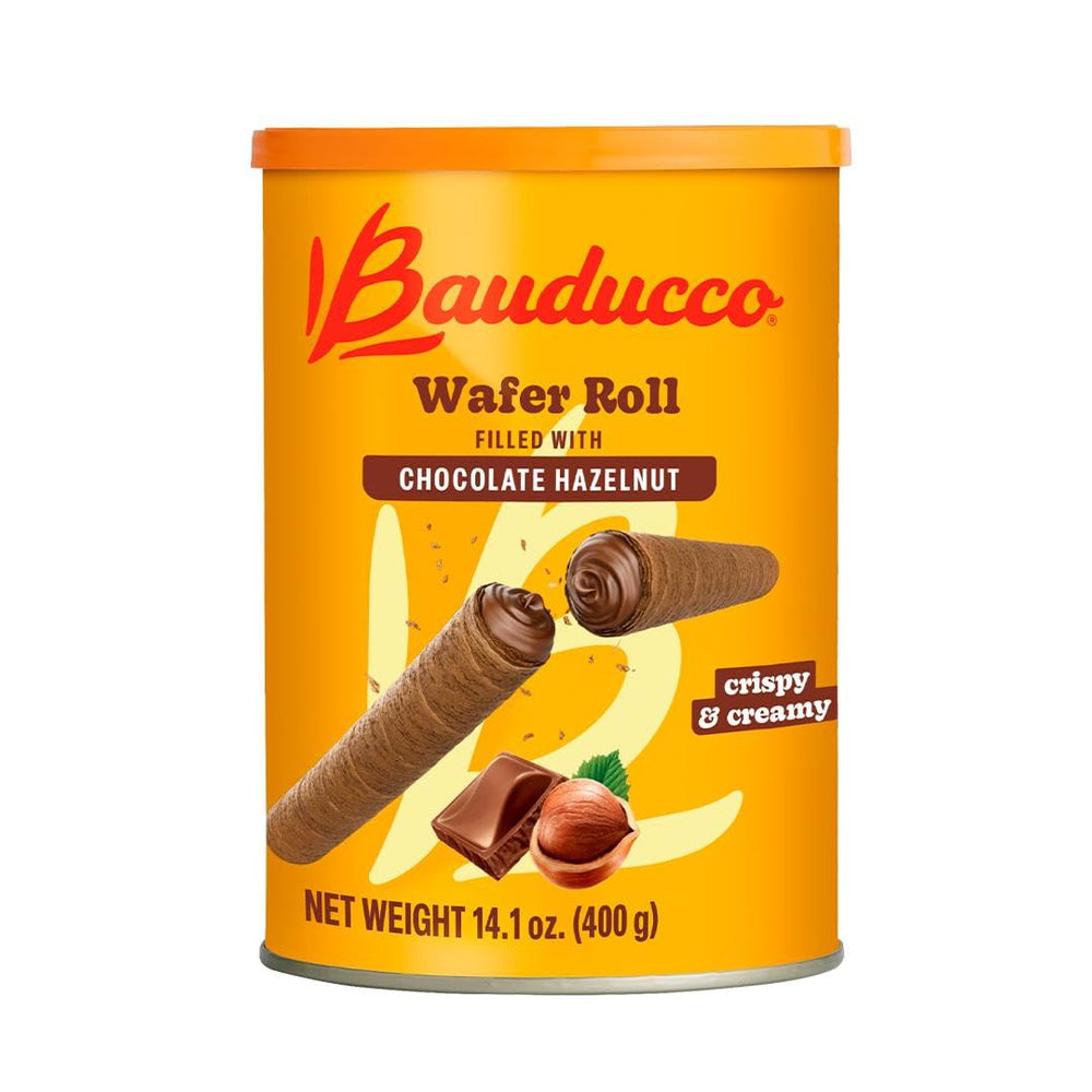 Bauducco wafer rolls packaging showing premium chocolate hazelnut flavor for gifting