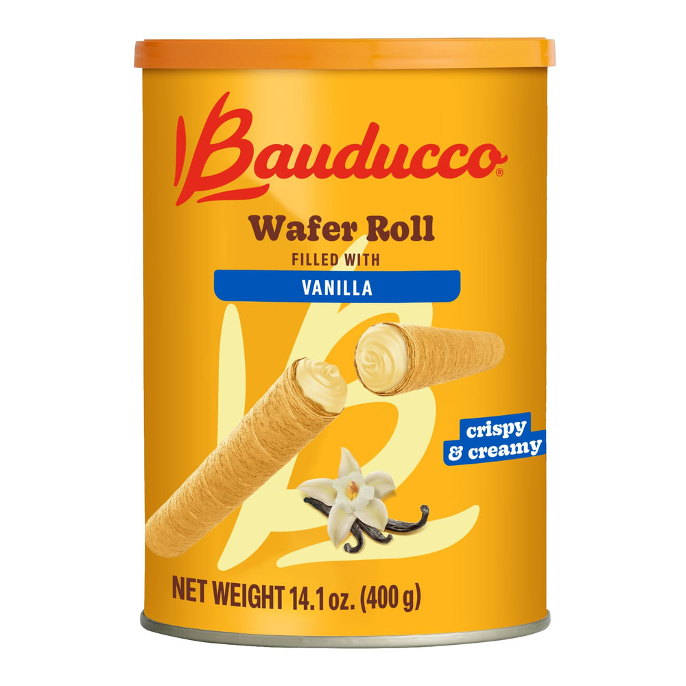 Bauducco Vanilla Wafer Rolls with creamy filling on display, perfect for afternoon tea.