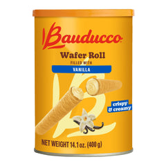 Bauducco Vanilla Wafer Rolls with creamy filling on display, perfect for afternoon tea.