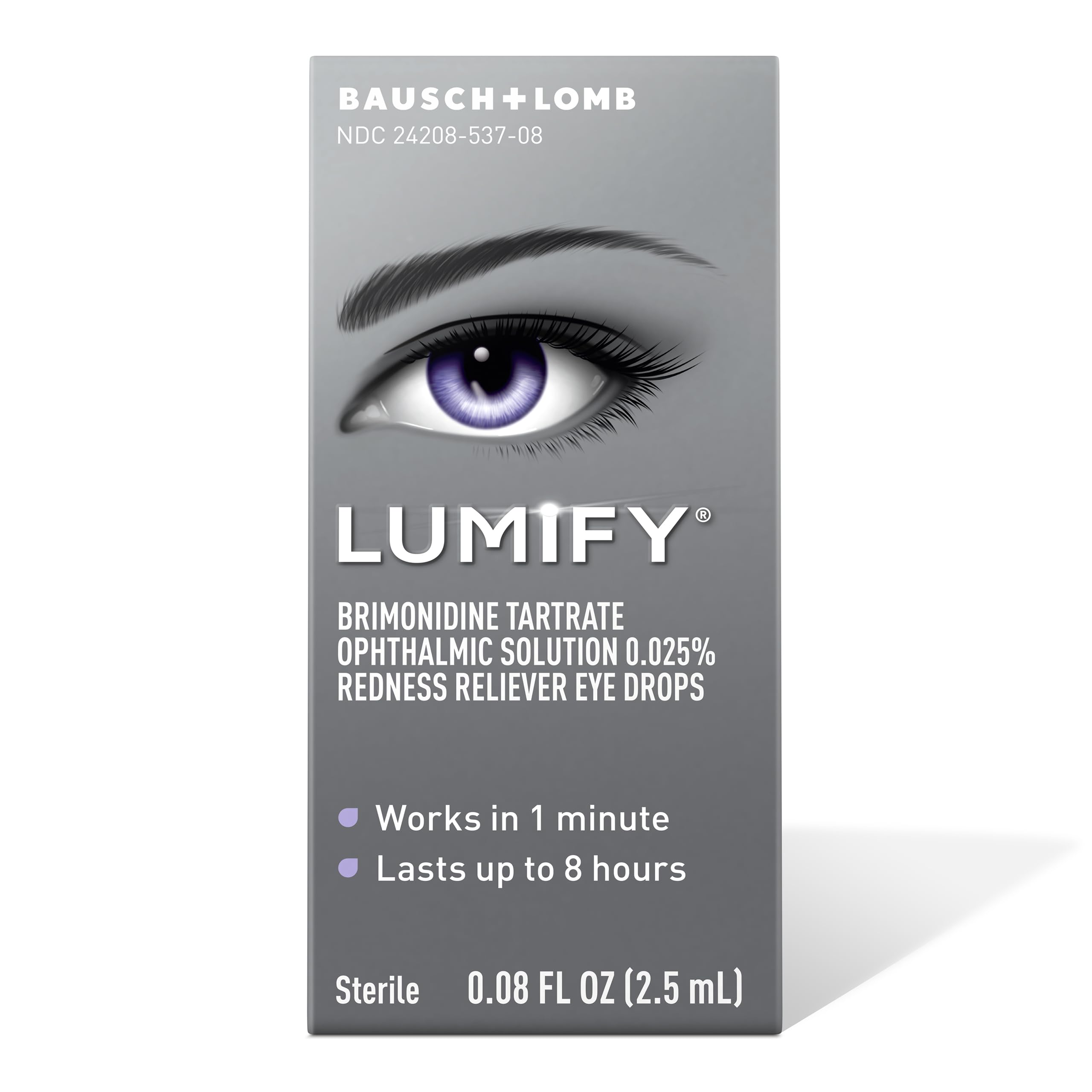 Lumify eye drops being applied for quick redness reduction and brighter look.