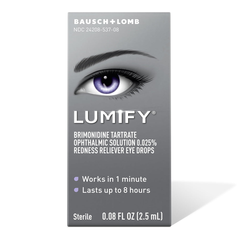 Lumify eye drops being applied for quick redness reduction and brighter look.