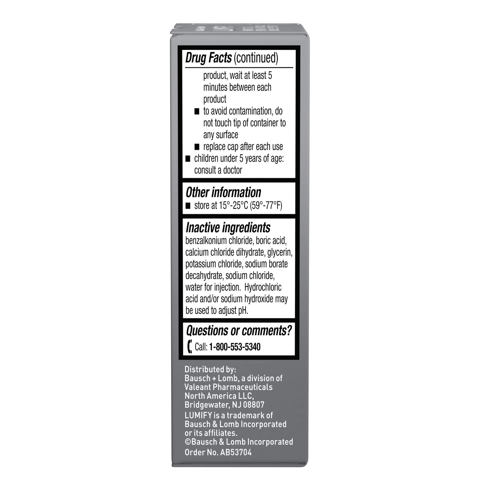 Lumify bottle with label close-up indicating sterile, safe eye drops.