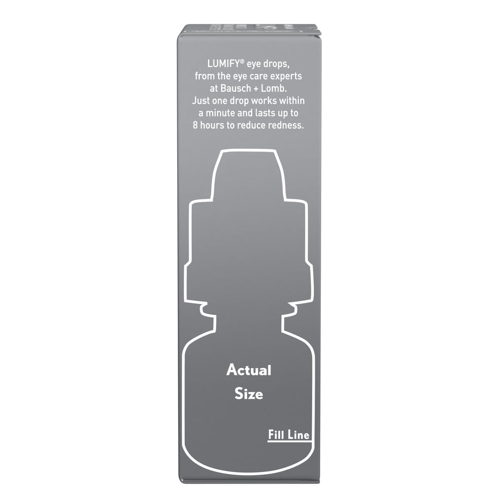 Lumify packaging highlights dye-free, low-dose formulation and user guidance.