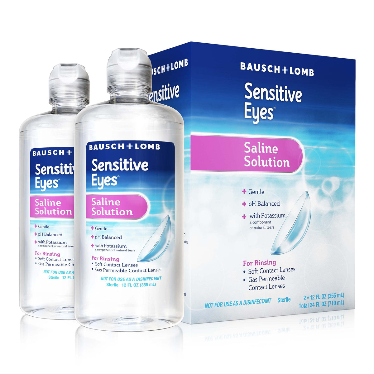 Bausch + Lomb Sensitive Eyes saline solution bottle for gentle post cleaning rinse on soft and GP lenses