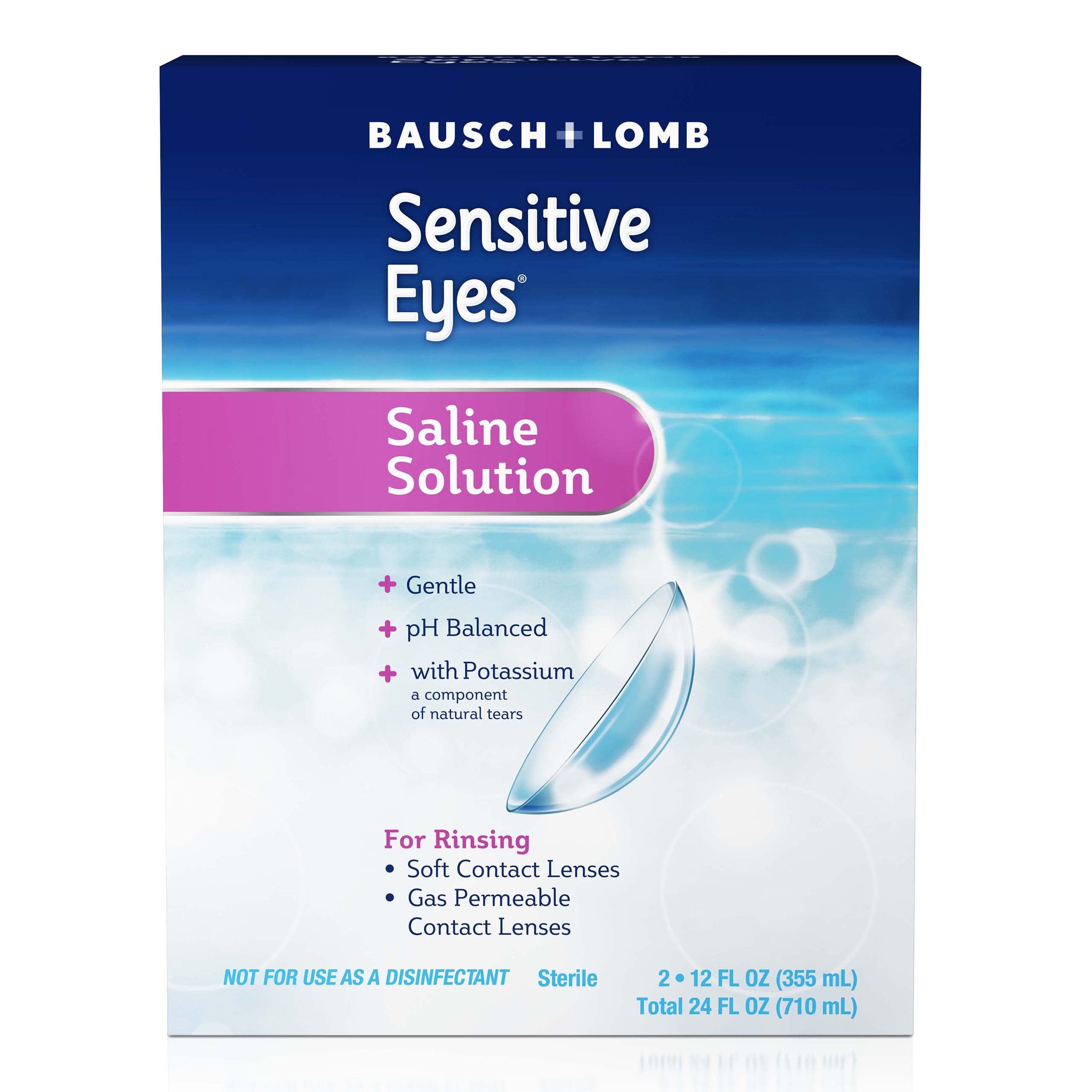 Bausch + Lomb Sensitive Eyes label close-up showing potassium content and safe-use notes