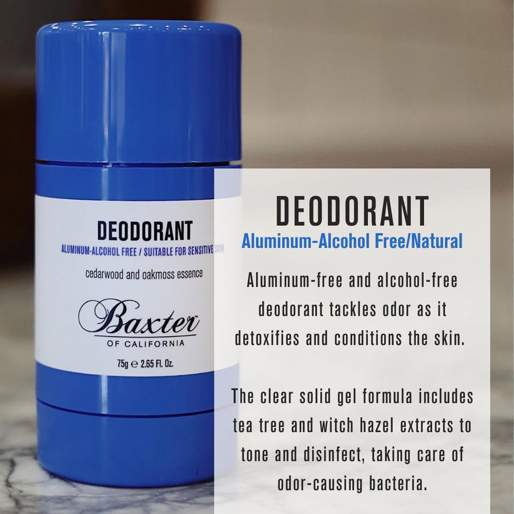 Baxter of California aluminum-free formula for gentle daily freshness.