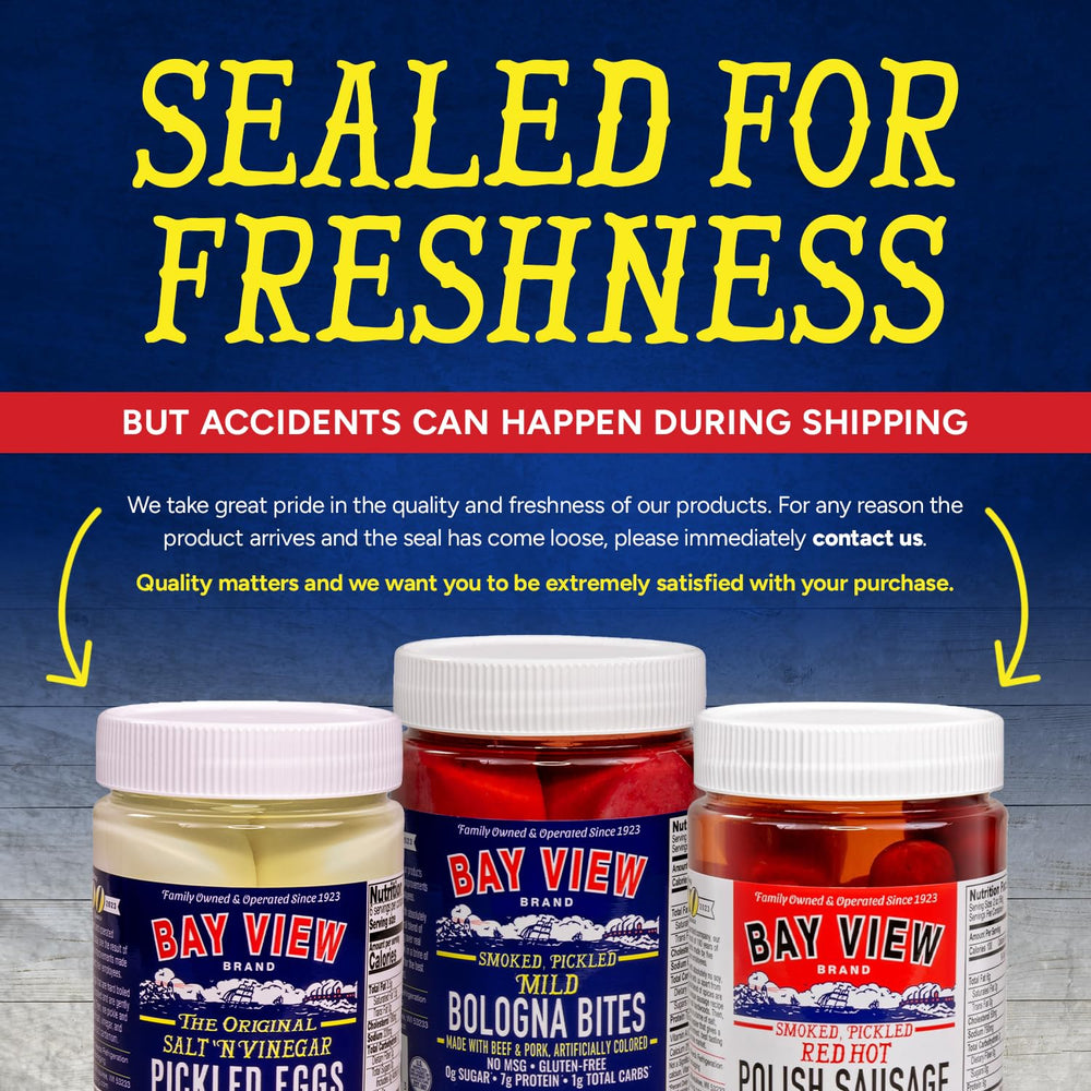 Bay View Brand hardwood smoked pickle sausage with bold, tangy flavor
