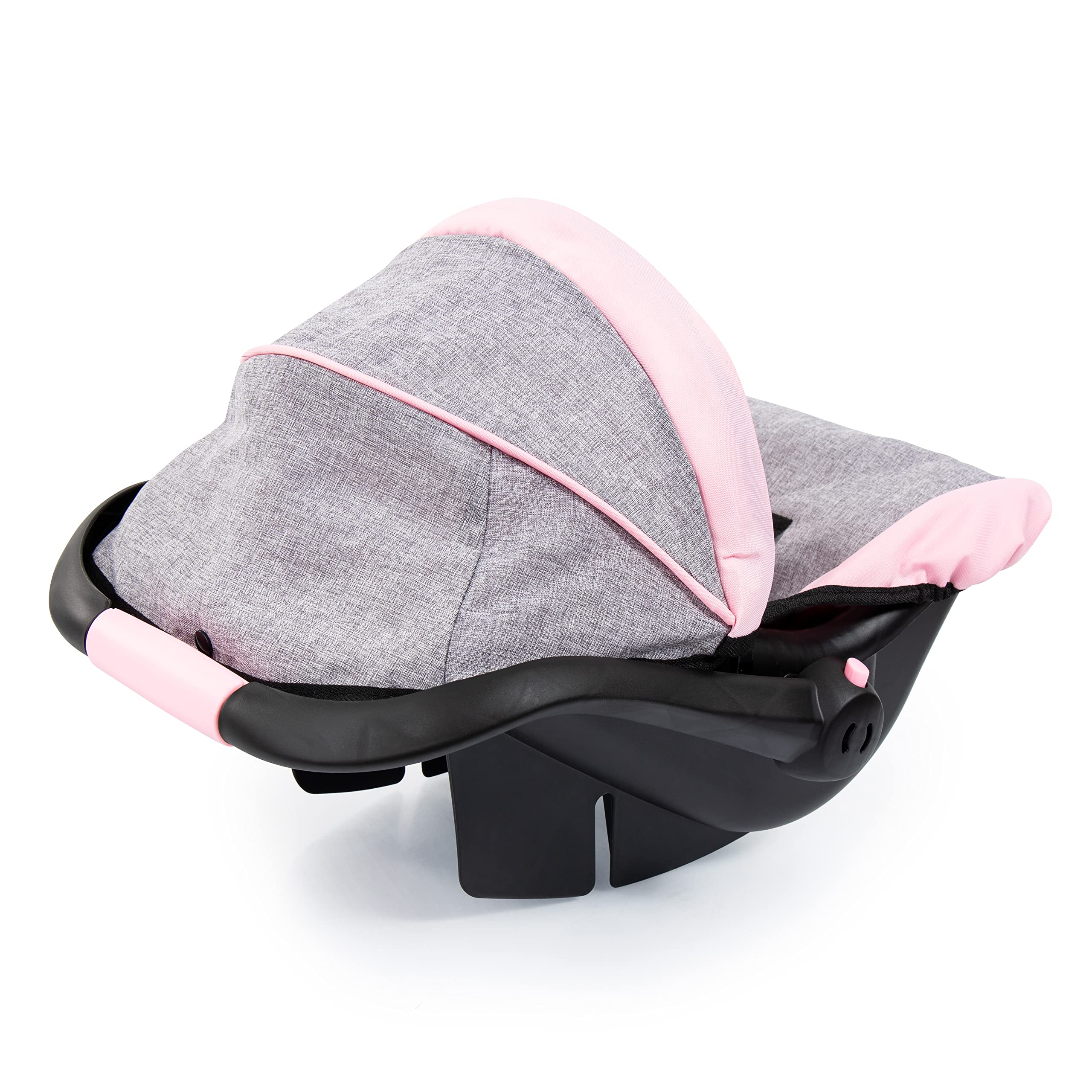 Doll car seat in pink-grey color complements playtime outfits