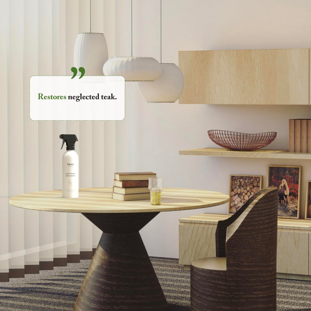 Bayes Teak Cleaner lemon oil formula nourishes and seals teak.