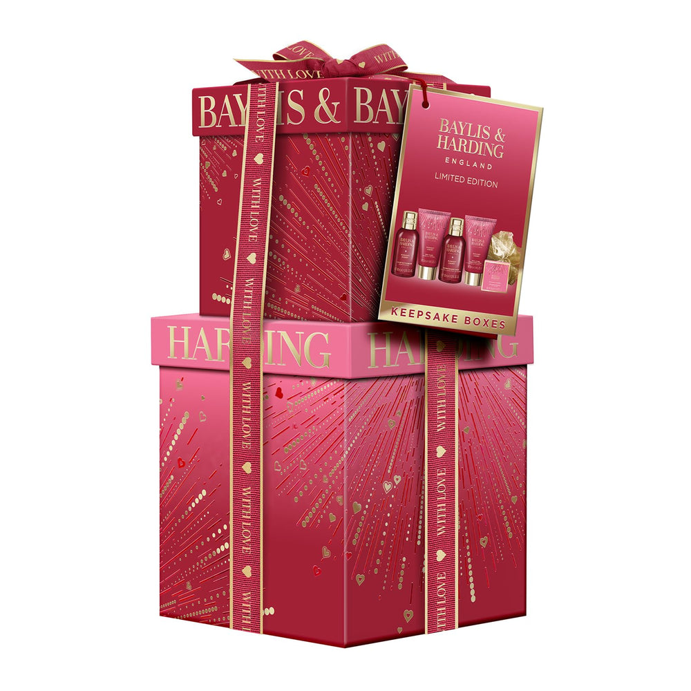 Baylis & Harding Midnight Cherry gift boxes, reusable presentation for holidays.