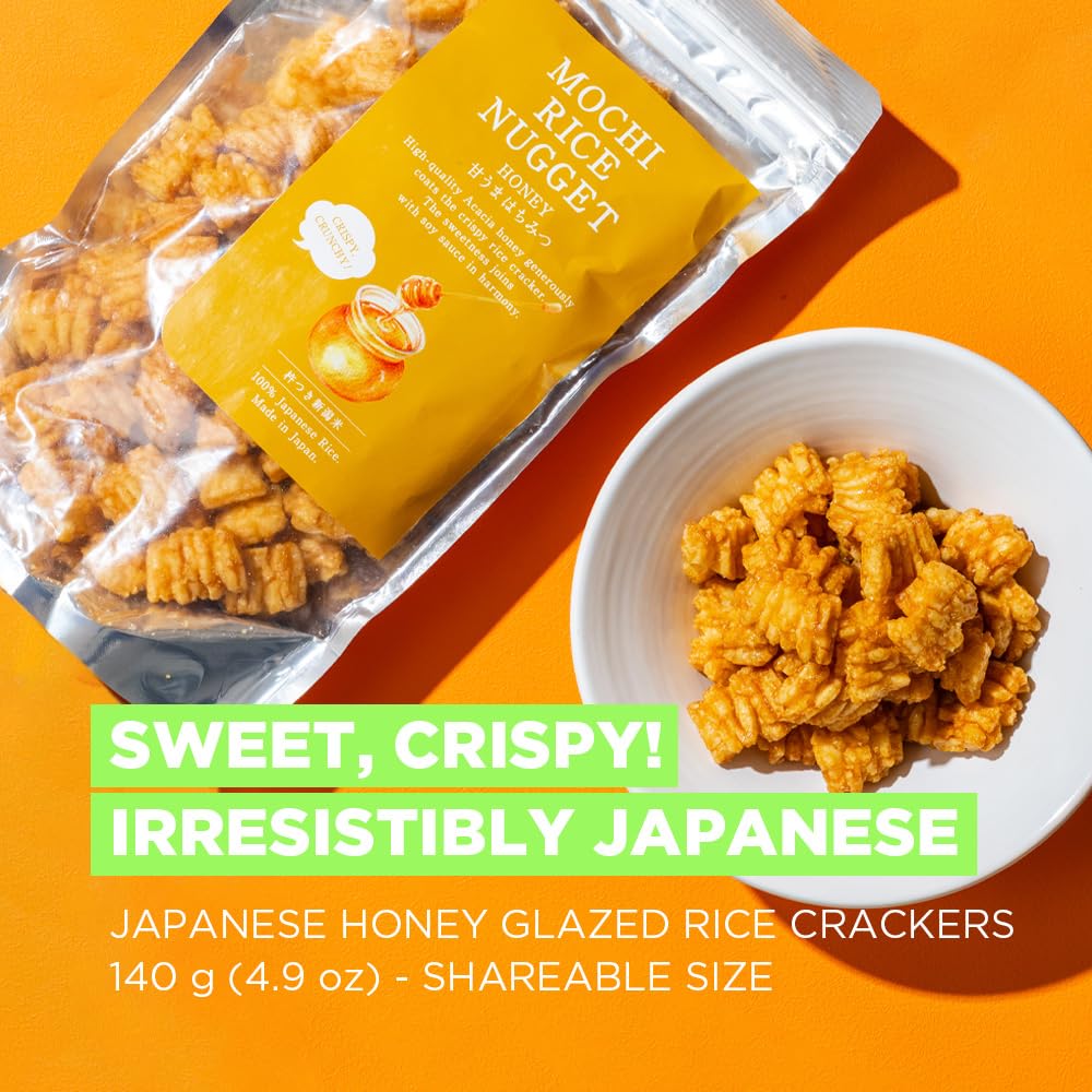 BAYU STORE Mochi Rice Nuggets arranged in a Japanese snack box display
