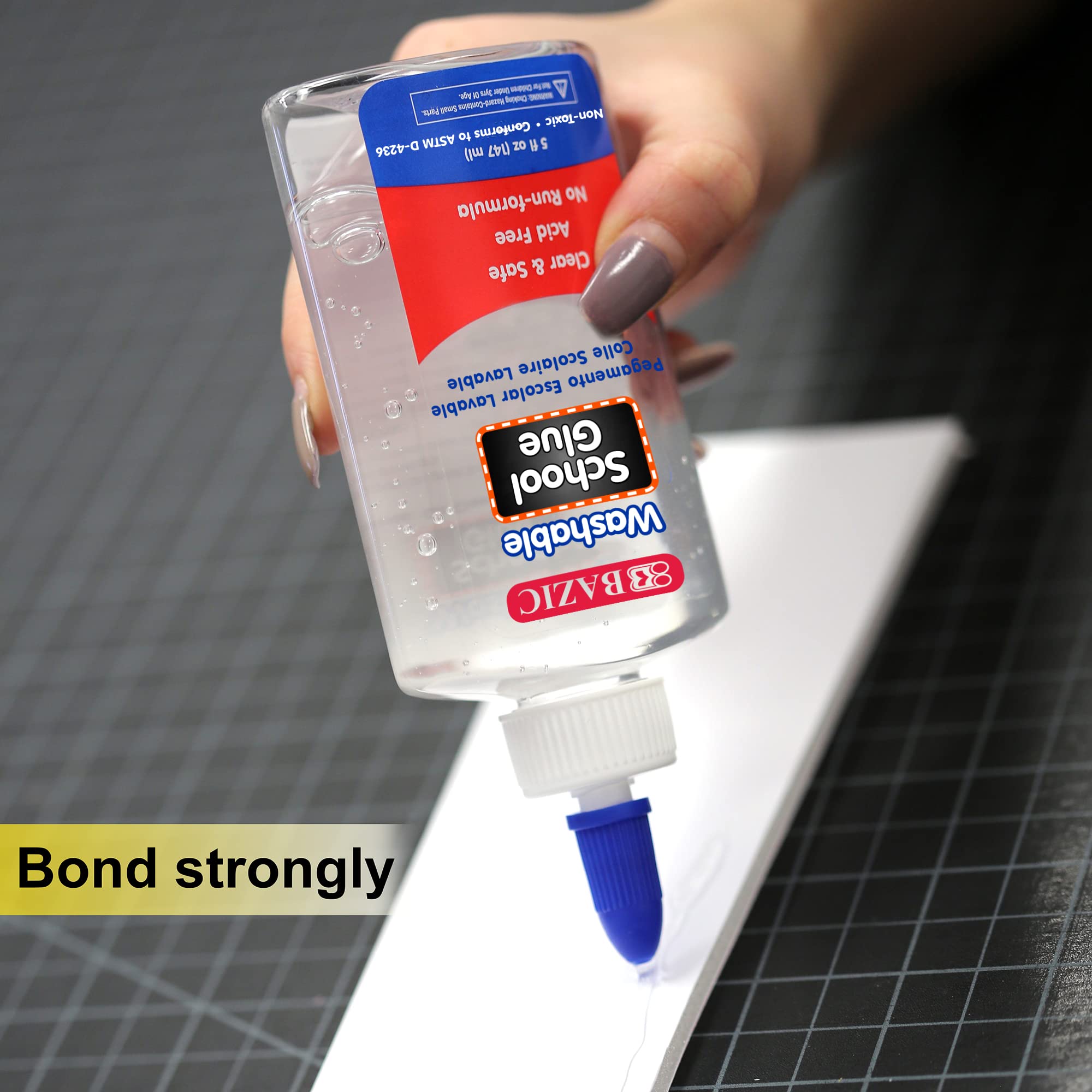 Bazic 5 Oz washable clear glue bottle adhesion highlights easy paper and craft bonding.