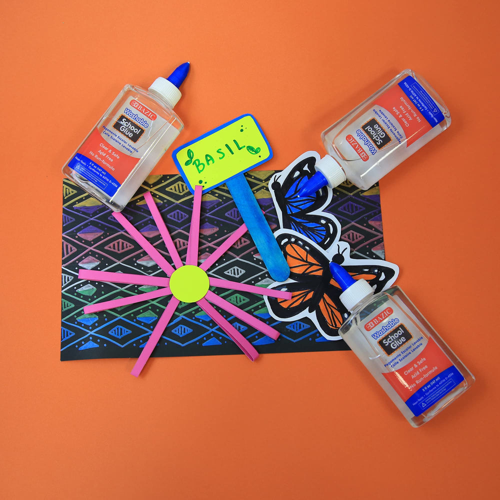 Bazic 5 Oz washable clear glue classroom activity captures kids crafting with safe, versatile adhesive.