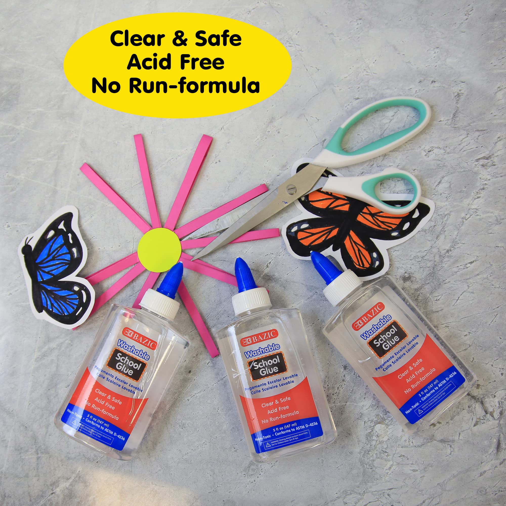 Bazic 5 Oz washable clear glue scrapbook use shows clean, photo-safe bonding for memory projects.