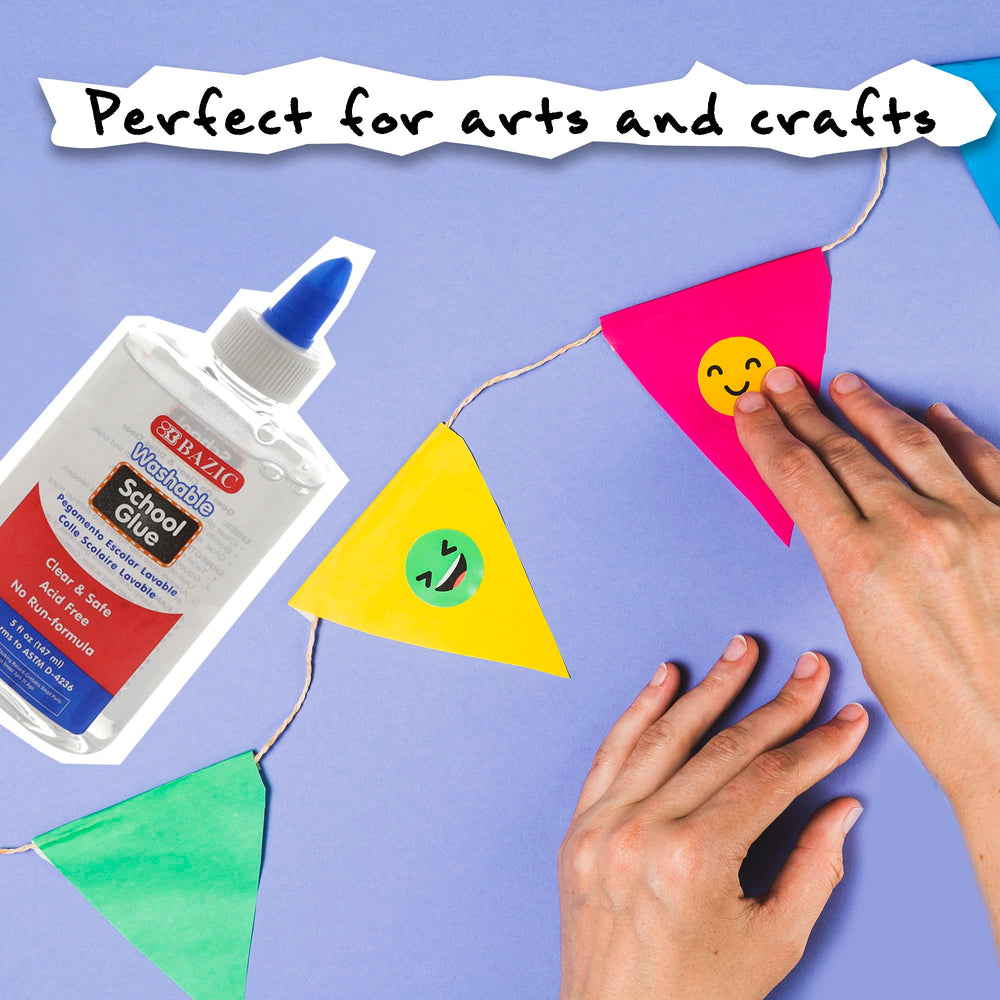Bazic 5 Oz washable clear glue washability proves easy cleanup from skin and fabrics.