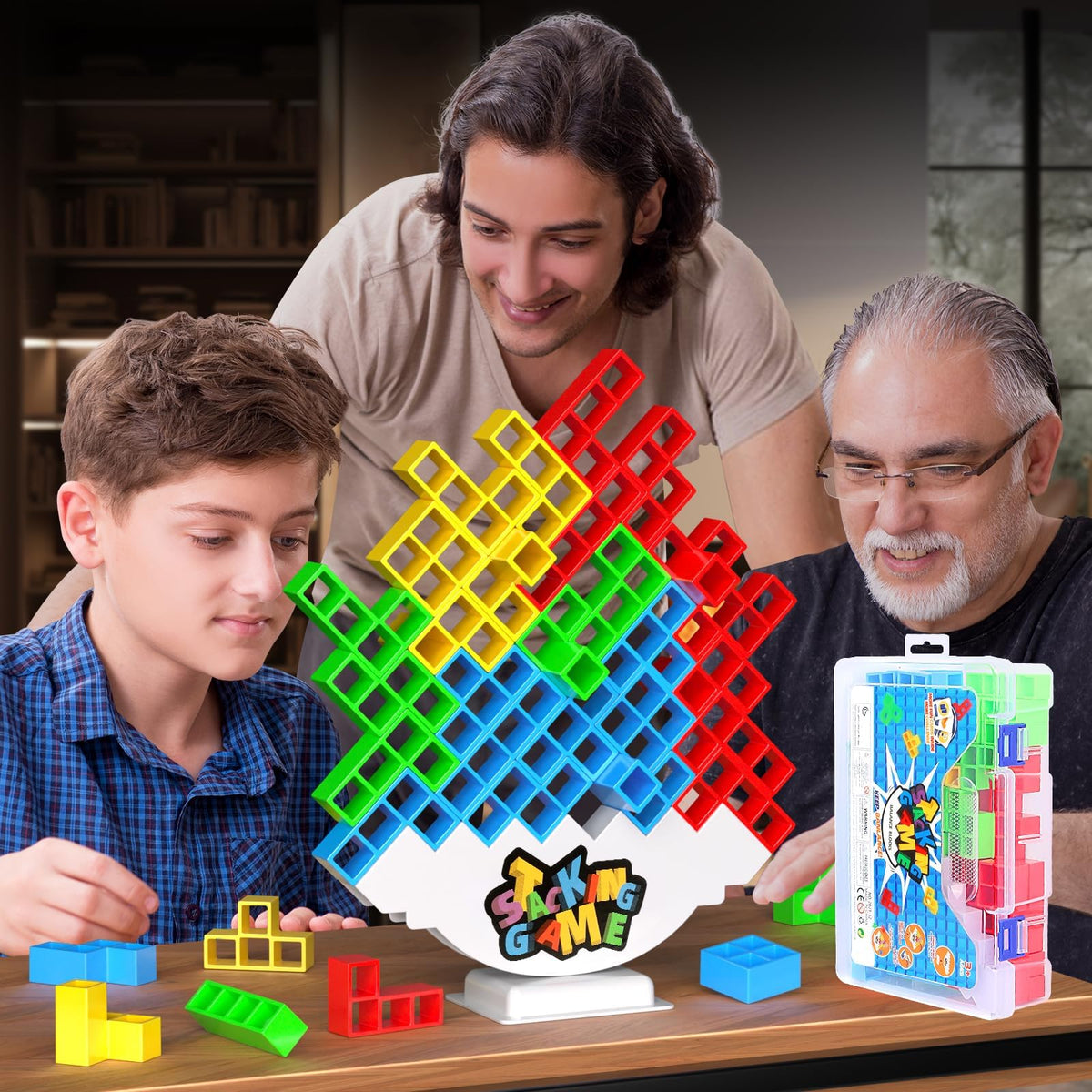 BBnote stacking game with 48 pieces assembled for family play