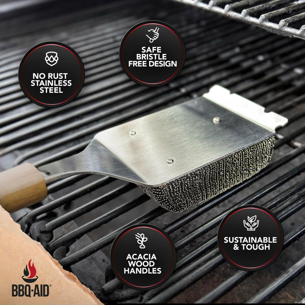 BBQ-AID replaceable brush head demonstrates ongoing cleaning convenience.