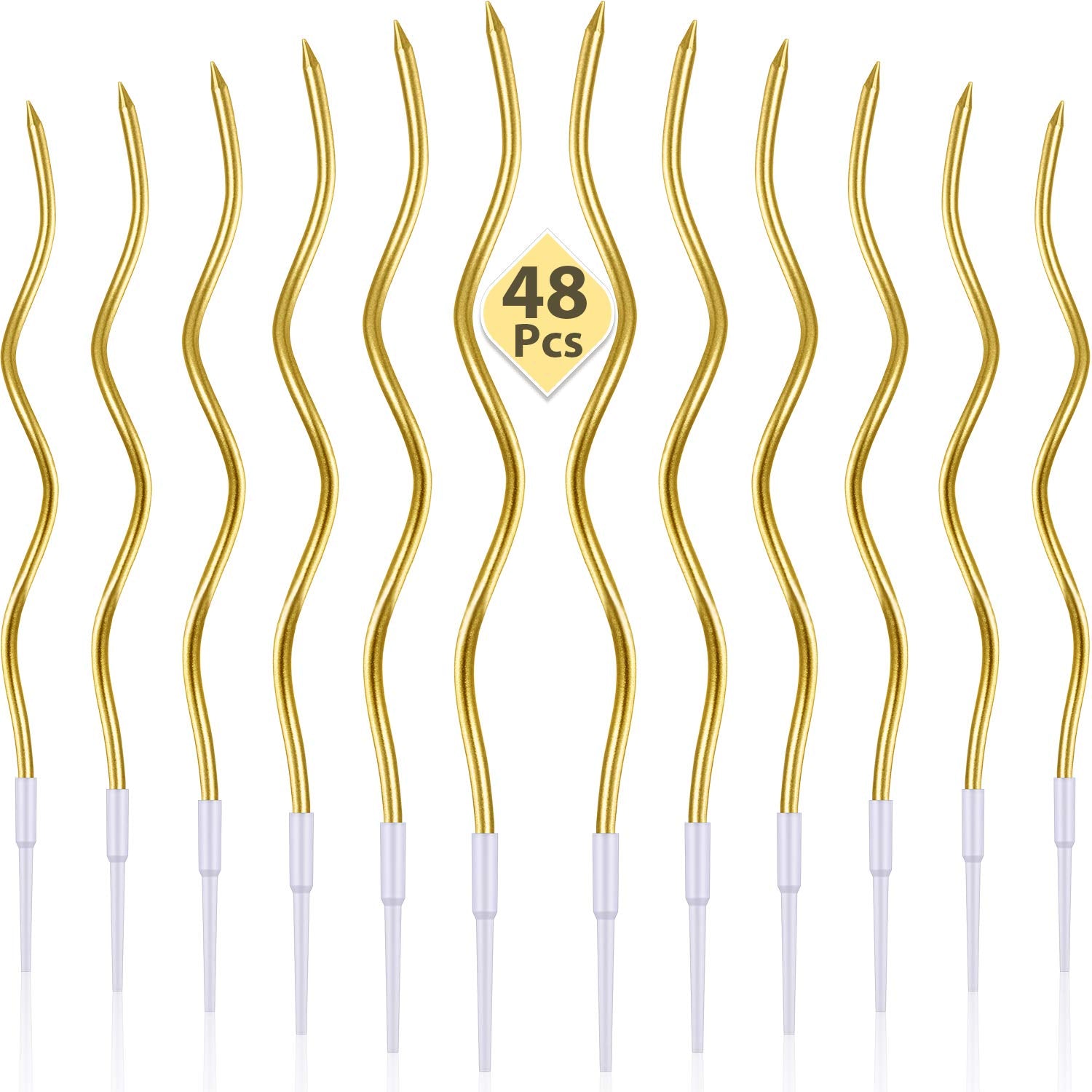 BBTO 48-piece twisty candles with gold holders add dramatic shine to cakes.
