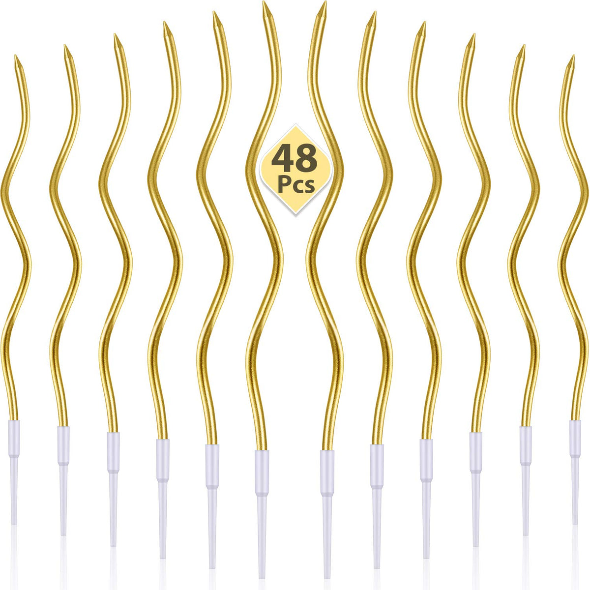 BBTO 48-piece twisty candles with gold holders add dramatic shine to cakes.