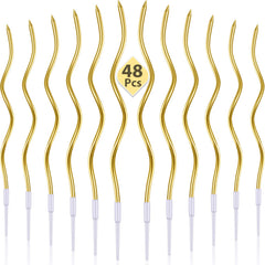 BBTO 48-piece twisty candles with gold holders add dramatic shine to cakes.