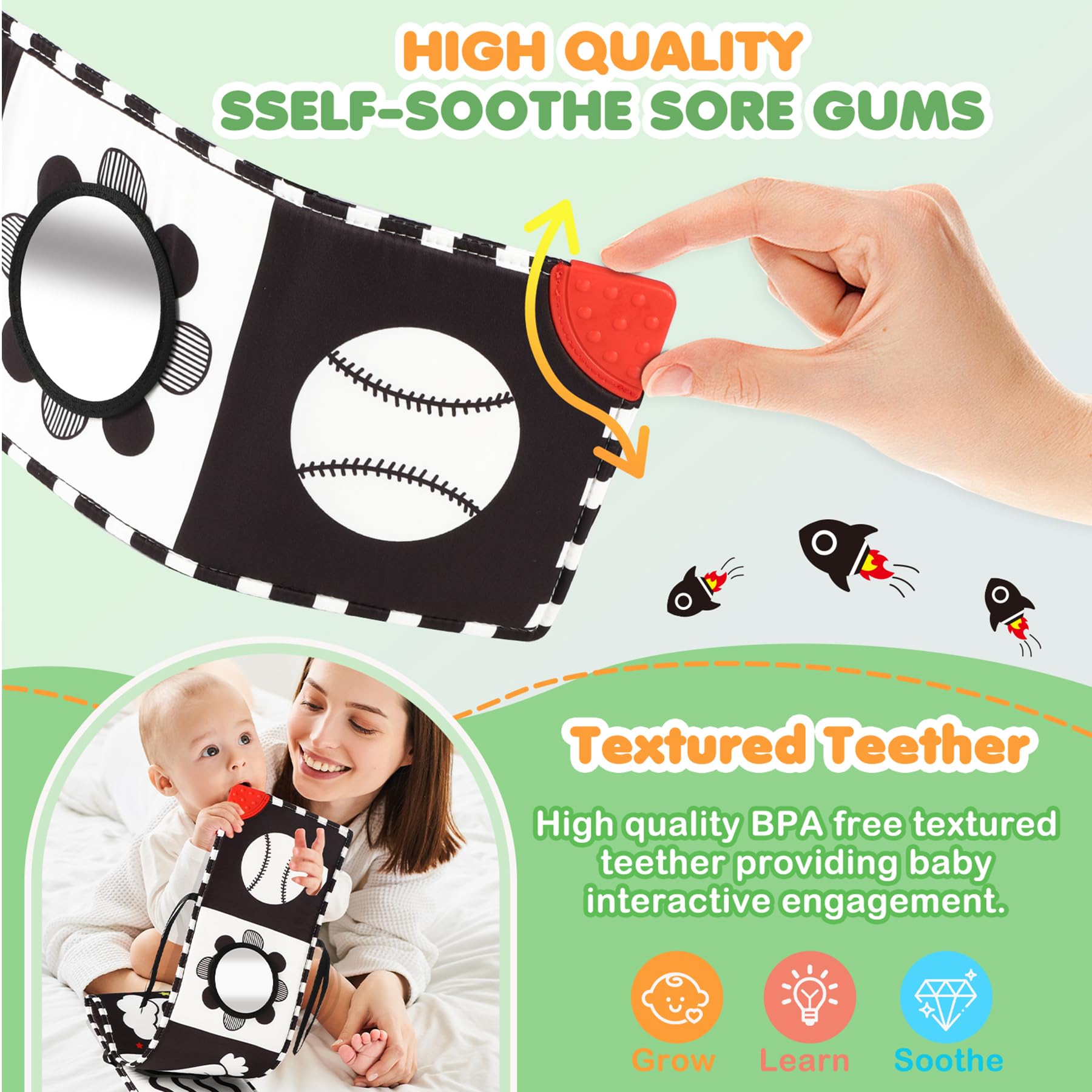 BBWOO crinkle pages and teether provide interactive sensory stimulation.