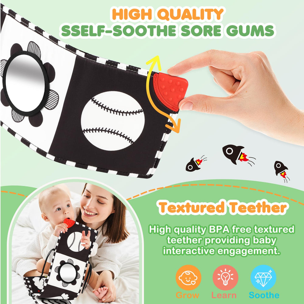 BBWOO crinkle pages and teether provide interactive sensory stimulation.