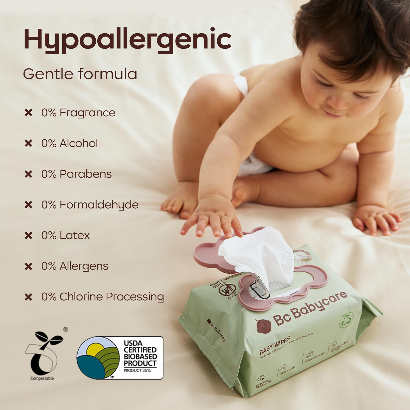 Bc Babycare wipes with jojoba oil for added hydration during care routines.