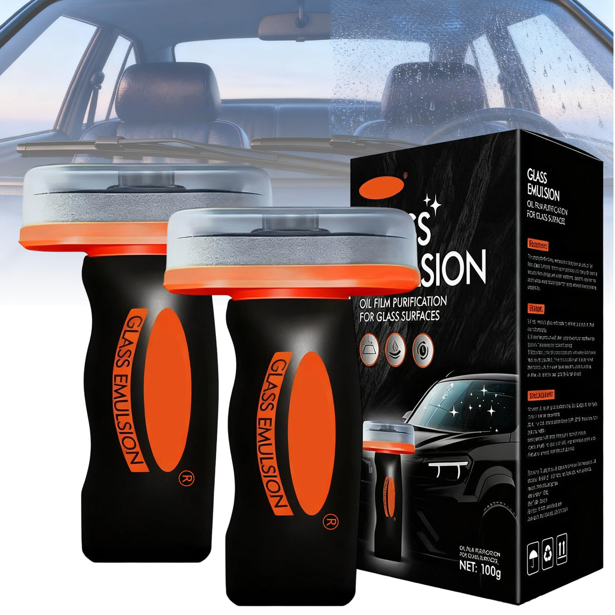 BCBU glass degreaser with roller applicator removes oil film from car windshield for clear vision.