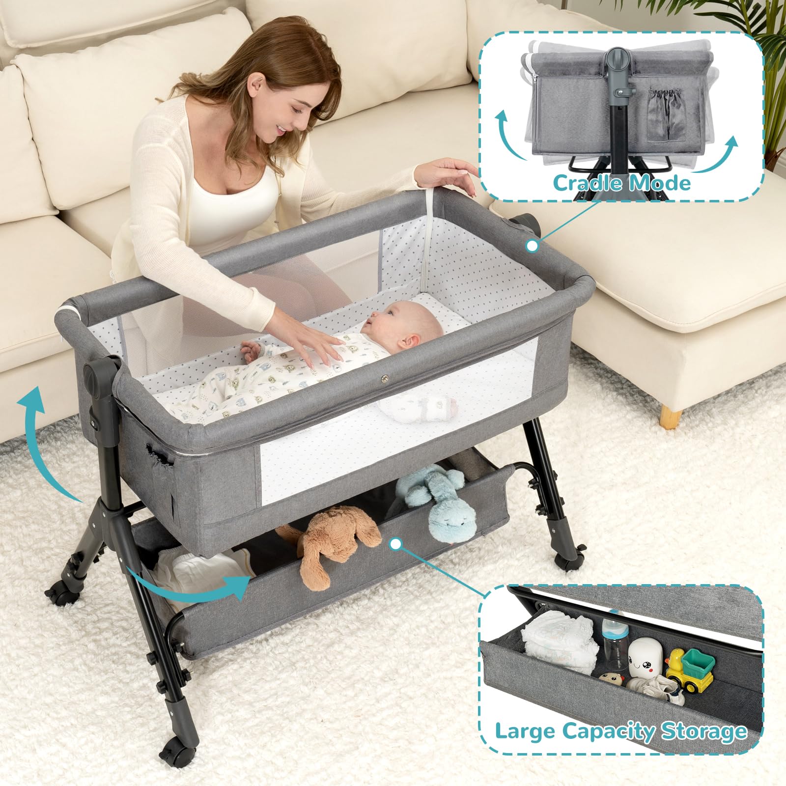 BCOL 3-in-1 baby bassinet gray bedside-sleeper attachment enables close monitoring