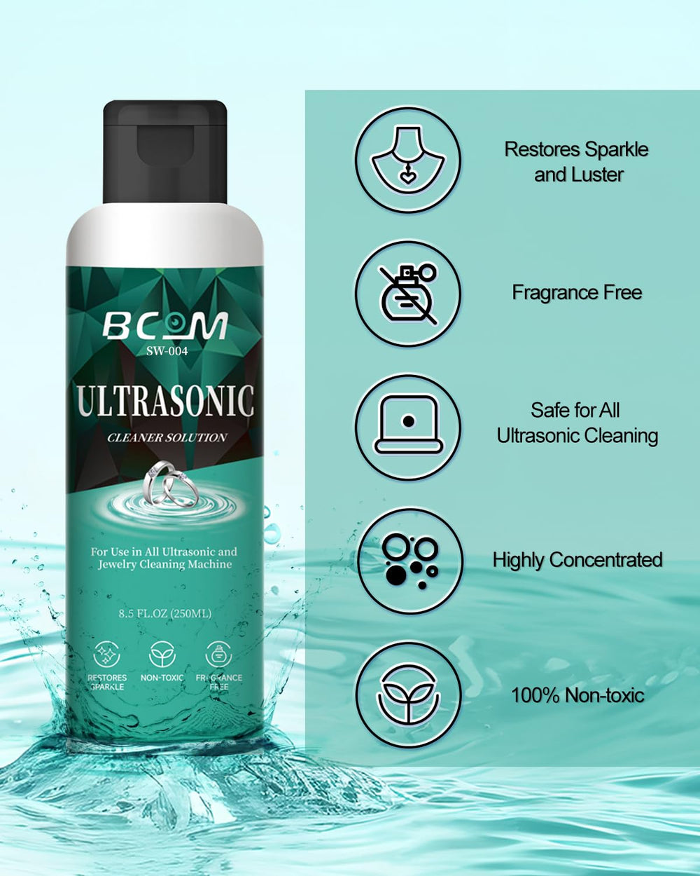 Bcom Ultrasonic cleaner in machine shows safe jewelry cleaning with ultrasonic power.