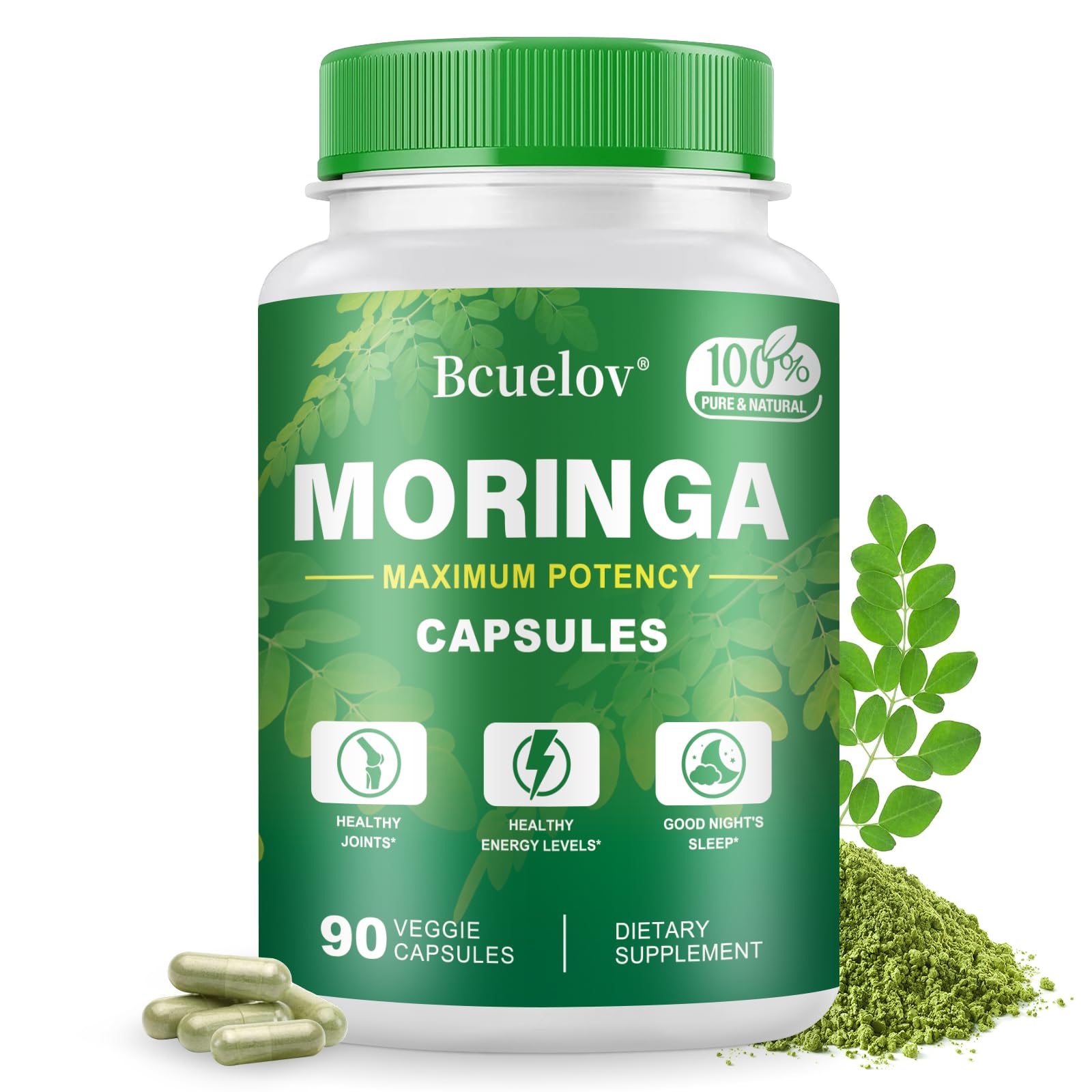 Bcuelov Moringa Capsules bottle showing 800 mg per serving for daily energy