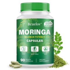 Bcuelov Moringa Capsules bottle showing 800 mg per serving for daily energy