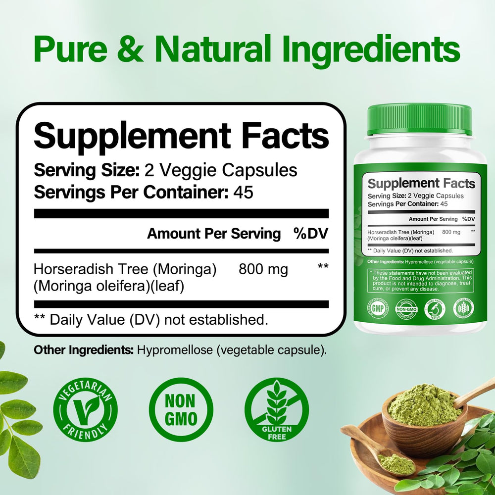 Bcuelov Moringa capsules bottle back showing nutritional panel and safety notes.